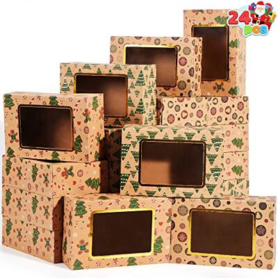 JOYIN 24 caixas de bolachas de Natal com janela, caixas de presente para Donut e bolachas, caixas de padaria castanha Kraft com 3 desenhos para bolos, cupcakes, 22,2 x 14,2 x 7 cm JOYIN 24 caixas de bolachas de Natal com janela, caixas de presente para Donut e bolachas, caixas de padaria castanha Kraft com 3 desenhos para bolos, cupcakes, 22,2 x 14,2 x 7 cm