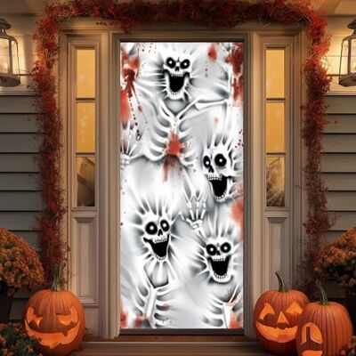 JOYIN Capa de porta de esqueleto assustadora com design 3D de 80 x 180 cm para o Halloween, ideal para portas, janelas e paredes, decoração de interiores e exteriores. JOYIN Capa de porta de esqueleto assustadora com design 3D de 80 x 180 cm para o Halloween, ideal para portas, janelas e paredes, decoração de interiores e exteriores.