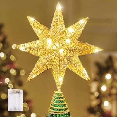 Joiedomi Estrela de metal de 8 pontas para árvore de Natal, decoração de árvore de Natal com glitter dourado com 20 luzes brancas quentes, decoração alimentada por pilhas para o lar Joiedomi Estrela de metal de 8 pontas para árvore de Natal, decoração de árvore de Natal com glitter dourado com 20 luzes brancas quentes, decoração alimentada por pilhas para o lar