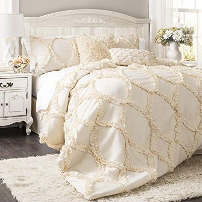 Lush Decor Avon Conjunto de edredão de 3 peças, matrimonial / Queen, cor de marfim, conjunto de roupa de cama romântica de quinta, elegante roupa de cama com folhos, edredão texturizado suave, decoração de Lush Decor Avon Conjunto de edredão de 3 peças, matrimonial / Queen, cor de marfim, conjunto de roupa de cama romântica de quinta, elegante roupa de cama com folhos, edredão texturizado suave, decoração de