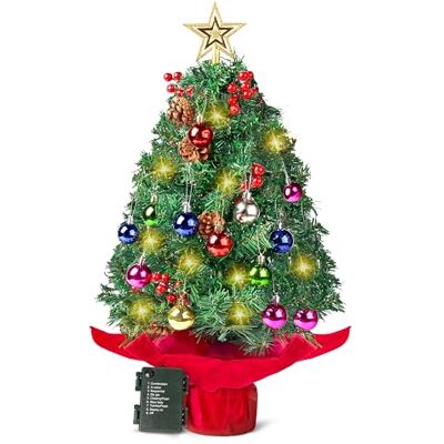 Joiedomi Árvore de Natal de mesa iluminada de 58,4 cm com luzes multicolores, bagas de azevinho, pinhas, estrela no topo e enfeites, decoração festiva Joiedomi Árvore de Natal de mesa iluminada de 58,4 cm com luzes multicolores, bagas de azevinho, pinhas, estrela no topo e enfeites, decoração festiva