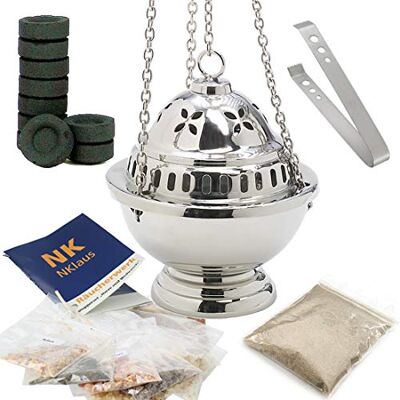 NKlaus Conjunto de incensário Prateado com resinas Naturais de carvão, Pinça, Taça removível, Ritual Espiritual, meditação, purificação, Feito à Mão, Altura 14 cm, latão niquelado, 2917 NKlaus Conjunto de incensário Prateado com resinas Naturais de carvão, Pinça, Taça removível, Ritual Espiritual, meditação, purificação, Feito à Mão, Altura 14 cm, latão niquelado, 2917