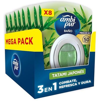 Ambi Pur Ambipur Ambientador para casa de banho, fragrância Tatami japonês, conjunto de 8 unidades, combate os odores e deixa um aroma fresco e leve Ambi Pur Ambipur Ambientador para casa de banho, fragrância Tatami japonês, conjunto de 8 unidades, combate os odores e deixa um aroma fresco e leve