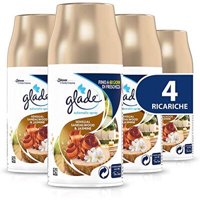 Glade Automatic Spray recarrega, ambientador de ambiente, fragrância Sensual Sandalwood & Jasmine, tamanho de 4 recargas de 269 ml Glade Automatic Spray recarrega, ambientador de ambiente, fragrância Sensual Sandalwood & Jasmine, tamanho de 4 recargas de 269 ml