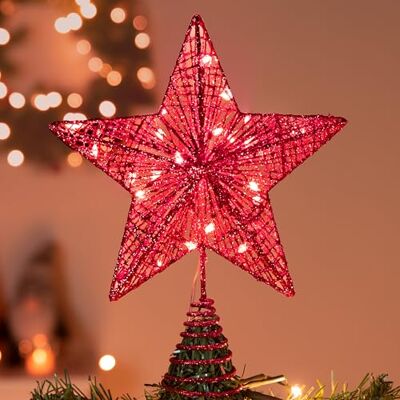 Joiedomi Decoração para árvore de Natal, estrela vermelha com purpurinas e 20 luzes LED brancas quentes, funciona com pilhas Joiedomi Decoração para árvore de Natal, estrela vermelha com purpurinas e 20 luzes LED brancas quentes, funciona com pilhas