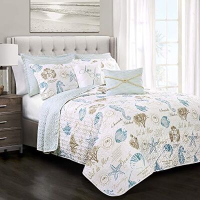Lush Decor Harbor Life Conjunto de edredão reversível, conjunto de 7 peças, matrimónico/rainha, azul e cinzento pardo, conjunto de roupa de cama queen size, decoração costeira, roupa de cama náutica Lush Decor Harbor Life Conjunto de edredão reversível, conjunto de 7 peças, matrimónico/rainha, azul e cinzento pardo, conjunto de roupa de cama queen size, decoração costeira, roupa de cama náutica