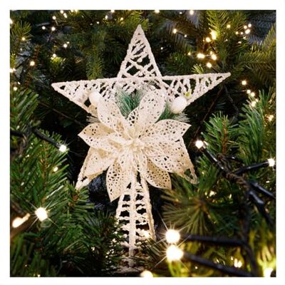 com-four ® Deco Star Natal Decoração de Natal Estrela de Metal com Deco Estrela de Natal Branca em Pé com Agulha de Pinheiro, Flor e Bagas com-four ® Deco Star Natal Decoração de Natal Estrela de Metal com Deco Estrela de Natal Branca em Pé com Agulha de Pinheiro, Flor e Bagas