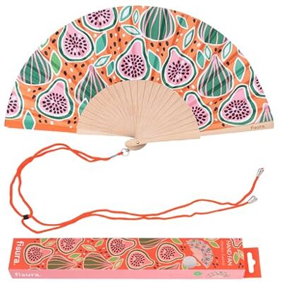 Fisura – Leque original com estampado de figos. Leque de madeira moderno e colorido. Leque de mão laranja. Cabide incluído. Medidas: 42,5 x 23 cm Fisura – Leque original com estampado de figos. Leque de madeira moderno e colorido. Leque de mão laranja. Cabide incluído. Medidas: 42,5 x 23 cm