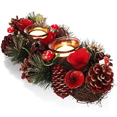 com-four ® Suporte de velas suporte de velas decorativo para o Natal e outono suporte de velas com materiais naturais artesanato (arranjo do advento flor vermelha 2 velas) com-four ® Suporte de velas suporte de velas decorativo para o Natal e outono suporte de velas com materiais naturais artesanato (arranjo do advento flor vermelha 2 velas)