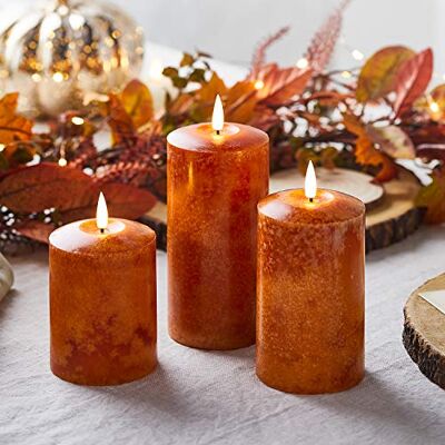 Lights4fun Conjunto de 3 velas pilar TruGlow® cor laranja com efeito salpicado a pilhas para uso interno Lights4fun Conjunto de 3 velas pilar TruGlow® cor laranja com efeito salpicado a pilhas para uso interno