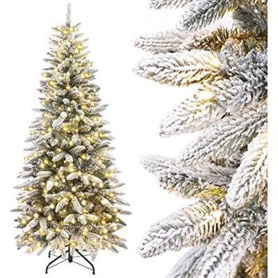 YORBAY Árvore de Natal artificial, fina estreita, com luzes LED e flocos de neve, decoração natalícia, suporte em metal (210 cm) YORBAY Árvore de Natal artificial, fina estreita, com luzes LED e flocos de neve, decoração natalícia, suporte em metal (210 cm)