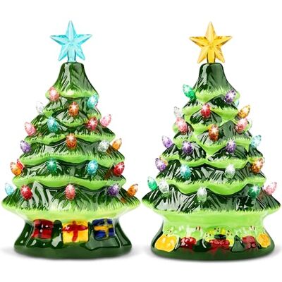 Joiedomi 2 conjuntos de árvore de Natal de cerâmica de 18 cm com design de caixa de presente e doces, mini árvore de Natal de mesa iluminada com ornamento de estrela azul Joiedomi 2 conjuntos de árvore de Natal de cerâmica de 18 cm com design de caixa de presente e doces, mini árvore de Natal de mesa iluminada com ornamento de estrela azul