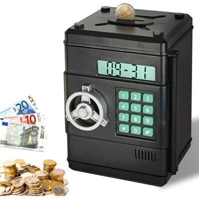 FISHTEC Cofrinho eletrónico com contagem automática, caixa forte digital com código de 6 dígitos, compartimento de moedas e bilhete, função de relógio, aniversário ou Natal FISHTEC Cofrinho eletrónico com contagem automática, caixa forte digital com código de 6 dígitos, compartimento de moedas e bilhete, função de relógio, aniversário ou Natal