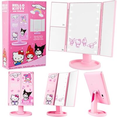 Get Trend Hello Kitty Sanrio Espelho de maquilhagem com luz com 16 luzes LED, espelho de aumento tríptico 3X e bandeja, sensor de toque, presentes Kawaii Get Trend Hello Kitty Sanrio Espelho de maquilhagem com luz com 16 luzes LED, espelho de aumento tríptico 3X e bandeja, sensor de toque, presentes Kawaii