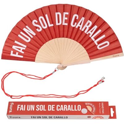 Fisura Ventilador original com mensagem "Fai um sol de carallo" leque de madeira moderno e colorido. Ventoinha de mão vermelha. Cabide incluído. Medidas: 42,5 x 23 cm Fisura Ventilador original com mensagem "Fai um sol de carallo" leque de madeira moderno e colorido. Ventoinha de mão vermelha. Cabide incluído. Medidas: 42,5 x 23 cm