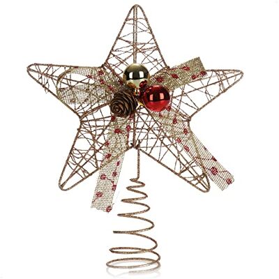 com-four ® Estrela de Natal decorativa estrela dourada com laço, cone e bolas ornamento para árvore de Natal ornamento de Natal brilhante para pendurar (cor dourada com laço L) com-four ® Estrela de Natal decorativa estrela dourada com laço, cone e bolas ornamento para árvore de Natal ornamento de Natal brilhante para pendurar (cor dourada com laço L)