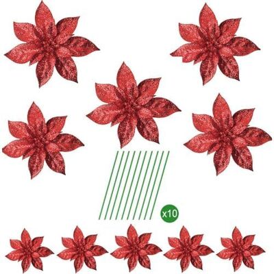 TRIXES 10 flores artificiais de poinsétia com purpurina vermelha, decorações para árvores de Natal e coroas, 2 tamanhos sortidos TRIXES 10 flores artificiais de poinsétia com purpurina vermelha, decorações para árvores de Natal e coroas, 2 tamanhos sortidos