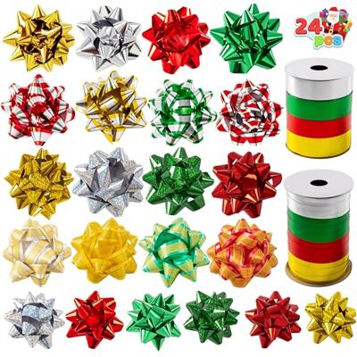 JOYIN 24 peças de laços de Natal e fitas para presentes, 48 laços autocolantes multicoloridos de vários tamanhos e 8 rolos de fitas encaracoladas JOYIN 24 peças de laços de Natal e fitas para presentes, 48 laços autocolantes multicoloridos de vários tamanhos e 8 rolos de fitas encaracoladas