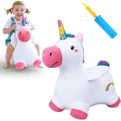 Tomatoys Unicórnio salto insuflável para crianças, animal insuflável com capa de pelúcia lavável, salto insuflável para crianças para interior e exterior, brinquedo de recuperação e equitação, presente Tomatoys Unicórnio salto insuflável para crianças, animal insuflável com capa de pelúcia lavável, salto insuflável para crianças para interior e exterior, brinquedo de recuperação e equitação, presente