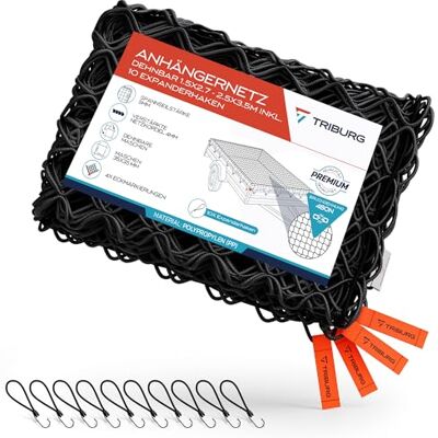 TRIBURG Rede de reboque extensível, de 1,5 x 2,7 m a 2,5 x 3,5 m Incl. 10 ganchos de expansão rede de reboque elástica com marcas nos cantos e corda elástica TRIBURG Rede de reboque extensível, de 1,5 x 2,7 m a 2,5 x 3,5 m Incl. 10 ganchos de expansão rede de reboque elástica com marcas nos cantos e corda elástica