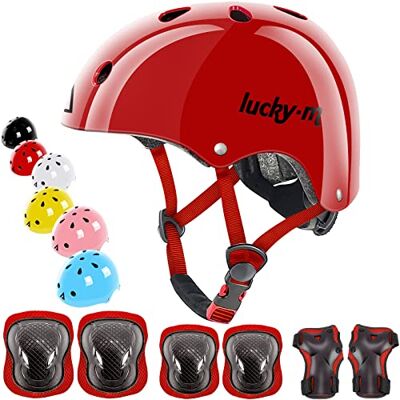 Lucky-M Capacete infantil ajustável com joelheiras, cotoveleiras e pulseiras, conjunto de equipamentos de proteção 7 em 1 para meninos e meninas, para skate, bicicleta, skate, hoverboard Lucky-M Capacete infantil ajustável com joelheiras, cotoveleiras e pulseiras, conjunto de equipamentos de proteção 7 em 1 para meninos e meninas, para skate, bicicleta, skate, hoverboard