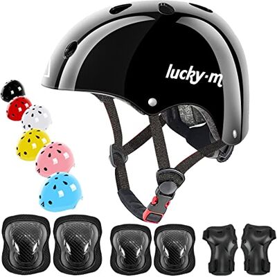 Lucky-M Capacete infantil ajustável com joelheiras, cotoveleiras e pulseiras, conjunto de equipamentos de proteção 7 em 1 para meninos e meninas, para skate, bicicleta, skate, hoverboard Lucky-M Capacete infantil ajustável com joelheiras, cotoveleiras e pulseiras, conjunto de equipamentos de proteção 7 em 1 para meninos e meninas, para skate, bicicleta, skate, hoverboard