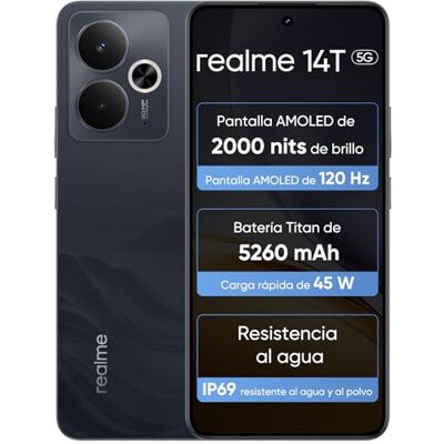 realme 14T 5G Smartphone de 8 GB + 256 GB, processador Dimensity 6300, ecrã AMOLED para desportos de 6,67" e 120 Hz, bateria de 5260 mAh, resistente à água IP69, Next Ai, obsidiana preta (sem adaptador) realme 14T 5G Smartphone de 8 GB + 256 GB, processador Dimensity 6300, ecrã AMOLED para desportos de 6,67" e 120 Hz, bateria de 5260 mAh, resistente à água IP69, Next Ai, obsidiana preta (sem adaptador)
