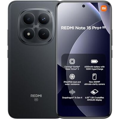 Xiaomi REDMI Note 15 Pro+ 5G, Smartphone de 12 + 512 GB, ecrã AMOLED 6,83" 1,5 K AMOLED, Snapdragon 7s Gen 4, câmara de 200 MP, Hypercharge 100W, carregador não incluído, preto (versão ES) Xiaomi REDMI Note 15 Pro+ 5G, Smartphone de 12 + 512 GB, ecrã AMOLED 6,83" 1,5 K AMOLED, Snapdragon 7s Gen 4, câmara de 200 MP, Hypercharge 100W, carregador não incluído, preto (versão ES)