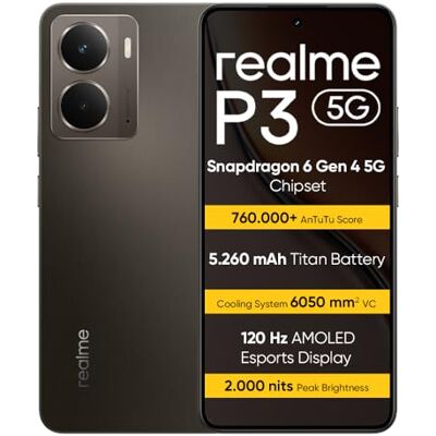realme P3 5G Smartphone 8+256 GB, processador 5G Snapdragon 6 de 4.ª geração, bateria Titan de 5260 mAh, carregamento rápido de 45 W, ecrã AMOLED de 120 Hz, brilho máximo de 2000 nit, IP69, cinzento realme P3 5G Smartphone 8+256 GB, processador 5G Snapdragon 6 de 4.ª geração, bateria Titan de 5260 mAh, carregamento rápido de 45 W, ecrã AMOLED de 120 Hz, brilho máximo de 2000 nit, IP69, cinzento
