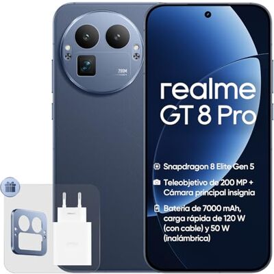 realme GT 8 Pro, 16+512 GB, Snapdragon 8850, Cámara Telefoto 200MP, 50MP IMX906 OIS, Pantalla 6,78" 2K 144Hz, Batería 7000mAh, Carga Inalámbrica 50W, IP69, Azul, Adaptador Incluido realme GT 8 Pro, 16+512 GB, Snapdragon 8850, Cámara Telefoto 200MP, 50MP IMX906 OIS, Pantalla 6,78" 2K 144Hz, Batería 7000mAh, Carga Inalámbrica 50W, IP69, Azul, Adaptador Incluido