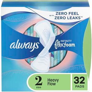 Always Infinity Almofadas femininas para mulher, tamanho 2, absorção de fluxo pesado, com asas, sem perfume, 32 unidades Always Infinity Almofadas femininas para mulher, tamanho 2, absorção de fluxo pesado, com asas, sem perfume, 32 unidades