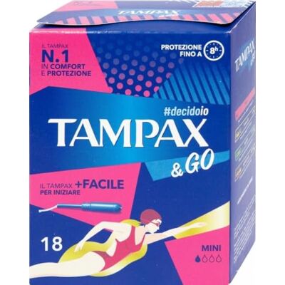 Tampax & Go Mini 18 compressas interiores com aplicador de plástico Aderência antiderrapante e cordão protetor duplo, ginecologicamente testado, ideal para fluxo leve Tampax & Go Mini 18 compressas interiores com aplicador de plástico Aderência antiderrapante e cordão protetor duplo, ginecologicamente testado, ideal para fluxo leve