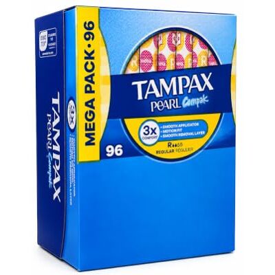 Tampax Compak Pearl 96 selos com aplicador, regular, fluxo leve a médio, conforto tripla, aplicador suave, véu suave, certificado Oeko-Tex, dermatologicamente testado Tampax Compak Pearl 96 selos com aplicador, regular, fluxo leve a médio, conforto tripla, aplicador suave, véu suave, certificado Oeko-Tex, dermatologicamente testado