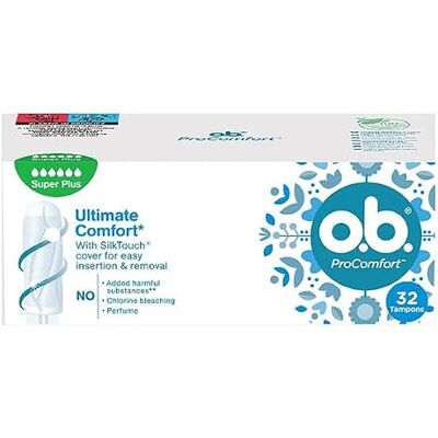 o.b. Tampões originais Super Plus com ranhuras curvadas/para uma proteção fiável, ideal para dias muito fortes/pack de 32 o.b. Tampões originais Super Plus com ranhuras curvadas/para uma proteção fiável, ideal para dias muito fortes/pack de 32