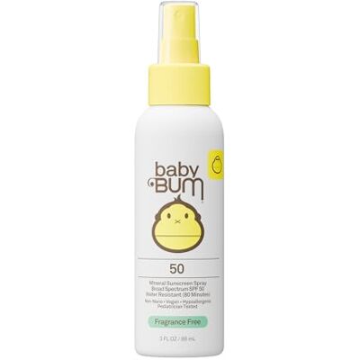 Sun Baby Bum SPF 50 Protetor solar em spray mineral UVA/UVB, proteção facial e corporal para peles sensíveis, sem fragrância, tamanho de viagem, 3 onças líquidas Sun Baby Bum SPF 50 Protetor solar em spray mineral UVA/UVB, proteção facial e corporal para peles sensíveis, sem fragrância, tamanho de viagem, 3 onças líquidas