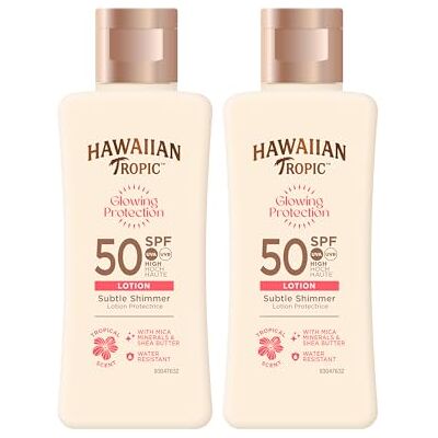 HAWAIIAN Tropic Glowing Protection MINI Ultra Radiance Loção solar protetora SPF 50, protege a pele, fragrância de frutas tropicais, creme tamanho de viagem 75 ml (embalagem de 2) HAWAIIAN Tropic Glowing Protection MINI Ultra Radiance Loção solar protetora SPF 50, protege a pele, fragrância de frutas tropicais, creme tamanho de viagem 75 ml (embalagem de 2)