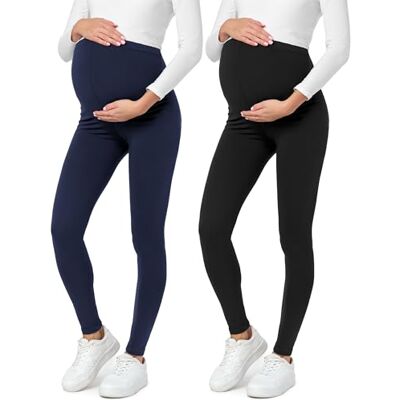 Be Mammy BE20-230 Lote de 2 leggings pré-mamã, gravidez, roupa desportiva, Preto/azul marinho, L Be Mammy BE20-230 Lote de 2 leggings pré-mamã, gravidez, roupa desportiva, Preto/azul marinho, L