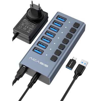 Acasis Hub USB 3.2 alimentado de 7 portas com velocidade de dados de 10 Gbps, hub USB com adaptador de corrente de 24 W, USB para PC/portátil, computador (7 portas) Acasis Hub USB 3.2 alimentado de 7 portas com velocidade de dados de 10 Gbps, hub USB com adaptador de corrente de 24 W, USB para PC/portátil, computador (7 portas)