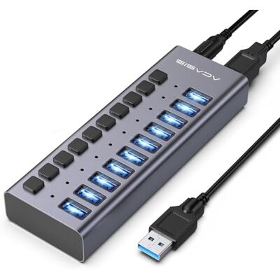 Acasis Hub USB 3.2 alimentado de 10 portas com velocidade de dados de 10 Gbps, hub USB com adaptador de corrente de 48 W, USB para PC/portátil, computador (10 portas) Acasis Hub USB 3.2 alimentado de 10 portas com velocidade de dados de 10 Gbps, hub USB com adaptador de corrente de 48 W, USB para PC/portátil, computador (10 portas)