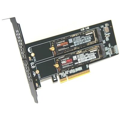 ADWITS Adaptador Dual NVMe SSD para PCIe 5.0/4.0/3.0 X8 ou X16, placa de expansão de memória SSD de 2 unidades, suporta arranque/RAID, requer placa-mãe PC/servidor com bifurcação PCIe ADWITS Adaptador Dual NVMe SSD para PCIe 5.0/4.0/3.0 X8 ou X16, placa de expansão de memória SSD de 2 unidades, suporta arranque/RAID, requer placa-mãe PC/servidor com bifurcação PCIe