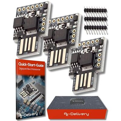 AZDelivery 3 x Placa de desenvolvimento Digispark Rev.3 Kickstarter ATTiny85 compatível com Arduino com USB com E-Book incluído! AZDelivery 3 x Placa de desenvolvimento Digispark Rev.3 Kickstarter ATTiny85 compatível com Arduino com USB com E-Book incluído!