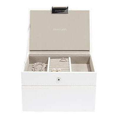 STACKERS Mini size conjunto organizador de jóias de 2 caixas, branco com forro de veludo cinzento STACKERS Mini size conjunto organizador de jóias de 2 caixas, branco com forro de veludo cinzento