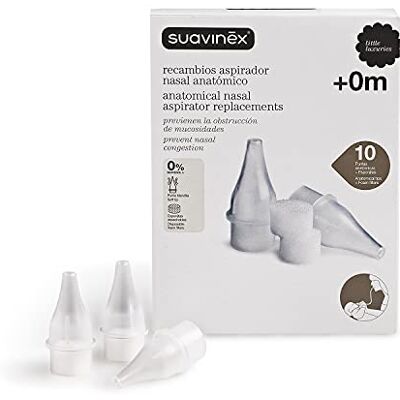 SUAVINEX , Conjunto de 10 peças para aspirador nasal de bebé, para aspirador anatómico com tubo flexível. Inclui 10 pontas brancas 10 esponjas descartáveis, lavagem nasal segura e confortável SUAVINEX , Conjunto de 10 peças para aspirador nasal de bebé, para aspirador anatómico com tubo flexível. Inclui 10 pontas brancas 10 esponjas descartáveis, lavagem nasal segura e confortável
