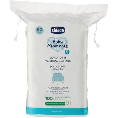 Chicco Baby Moments Quadrotti Algodão macio, limpa suavemente e acaricia suavemente, Baby Skin, branco, 60 peças, 0 meses Chicco Baby Moments Quadrotti Algodão macio, limpa suavemente e acaricia suavemente, Baby Skin, branco, 60 peças, 0 meses