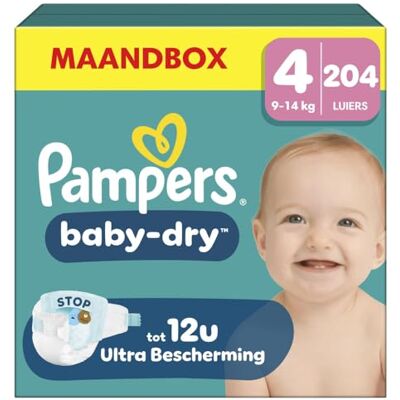 Pampers Fraldas de tamanho 4 (9 a 14 kg) Baby Dry, maxi, caixa de meses, até 12 horas de proteção total contra fugas, 204 unidades Pampers Fraldas de tamanho 4 (9 a 14 kg) Baby Dry, maxi, caixa de meses, até 12 horas de proteção total contra fugas, 204 unidades