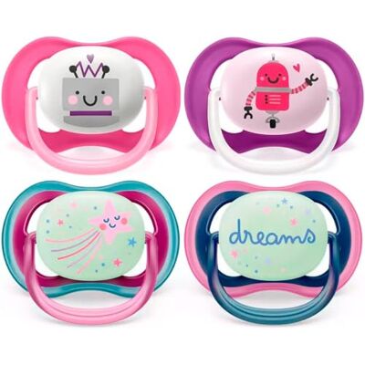 AVENT Philips Chupetes Ultra Air de 6 a 18 m, para dia e noite (embalagem de 4): 2 chupetas noturnas que brilham no escuro; 2 chupetas Ultra Air de dia, 6 a 18 meses, com estojo de transporte AVENT Philips Chupetes Ultra Air de 6 a 18 m, para dia e noite (embalagem de 4): 2 chupetas noturnas que brilham no escuro; 2 chupetas Ultra Air de dia, 6 a 18 meses, com estojo de transporte