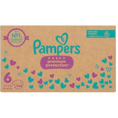 Pampers Fraldas de proteção premium para bebé, tamanho 6 (13 kg mais) 144 unidades, pacote de economia mensal, conforto e proteção para peles sensíveis Pampers Fraldas de proteção premium para bebé, tamanho 6 (13 kg mais) 144 unidades, pacote de economia mensal, conforto e proteção para peles sensíveis