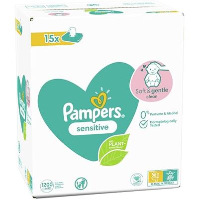 Pampers Sensitive Toalhetes húmidos para bebé, 15 embalagens de 80 Limpeza suave 2 em 1 e proteção da pele Pampers Sensitive Toalhetes húmidos para bebé, 15 embalagens de 80 Limpeza suave 2 em 1 e proteção da pele