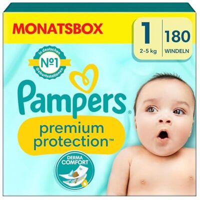 Pampers Fraldas para bebé tamanho 1 (2-5 kg) Premium Protection, Newborn, HalBMONATSBOX, o melhor conforto e proteção para peles sensíveis, 180 unidades Pampers Fraldas para bebé tamanho 1 (2-5 kg) Premium Protection, Newborn, HalBMONATSBOX, o melhor conforto e proteção para peles sensíveis, 180 unidades