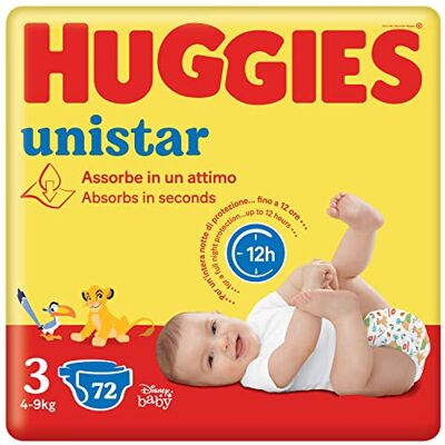 HUGGIES Unistar fraldas tamanho 3 (4-8 kg), design Disney, ultra absorvente, proteção total, 72 unidades HUGGIES Unistar fraldas tamanho 3 (4-8 kg), design Disney, ultra absorvente, proteção total, 72 unidades